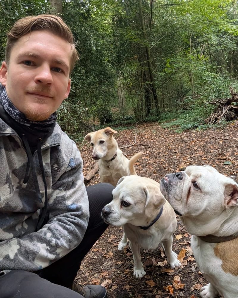 Jack, dog walker at Premier Dog Walkers, with three dogs in the woods